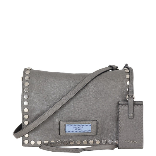 Prada Messenger Bag Etiquette Studded Glace Calfskin Gray