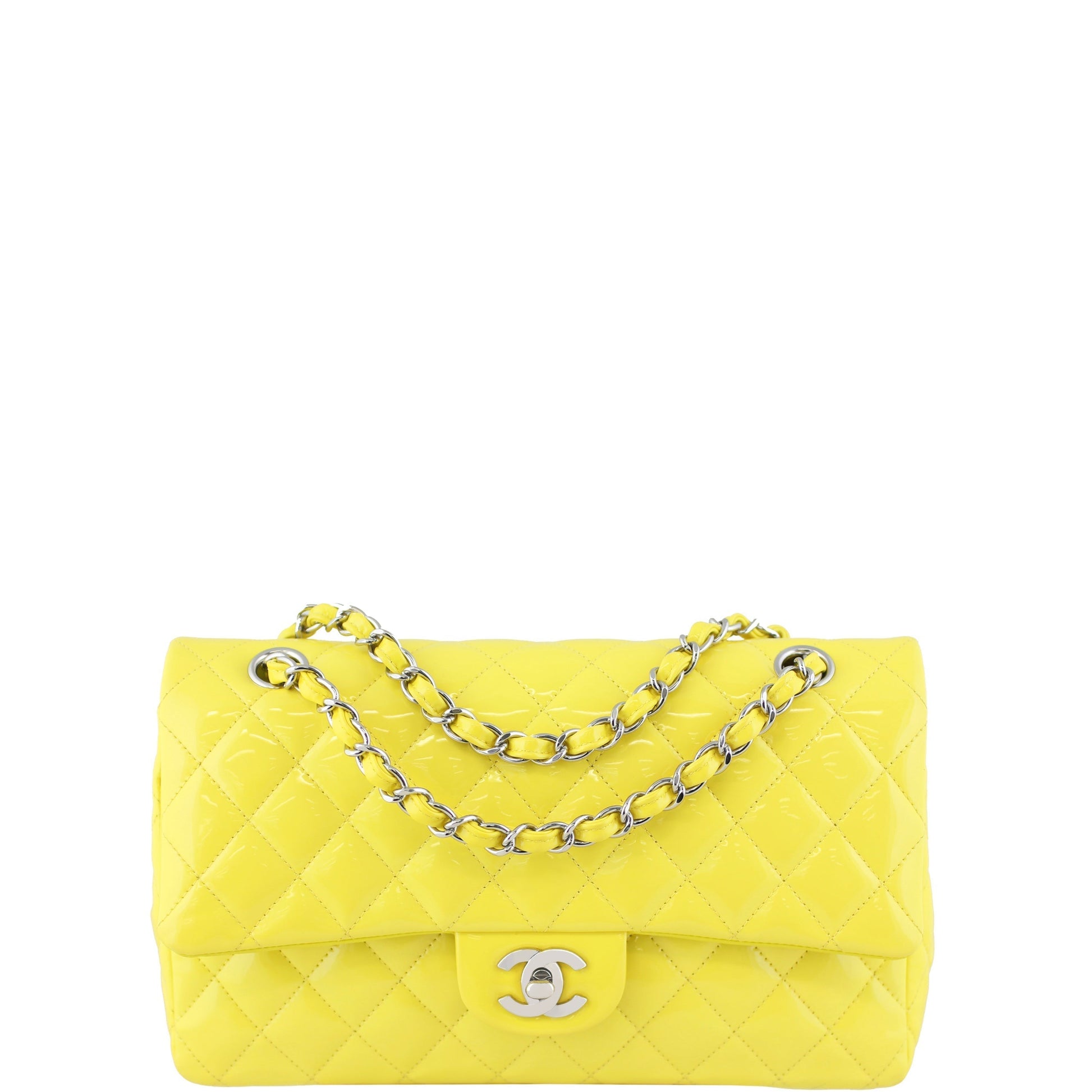 Chanel Classic Double Patent Yellow Handbag Medium Flap
