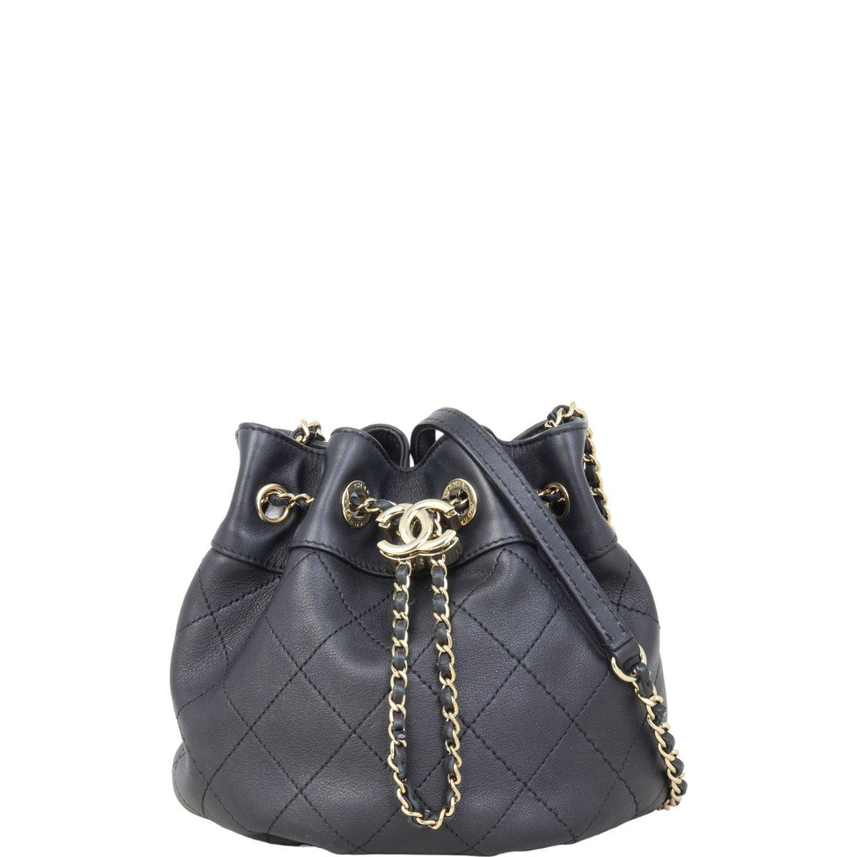 Chanel CC Drawstring Bag Lambskin Quilted Black Jewelry