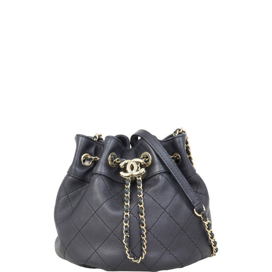Chanel CC Drawstring Bag Lambskin Quilted Black Jewelry