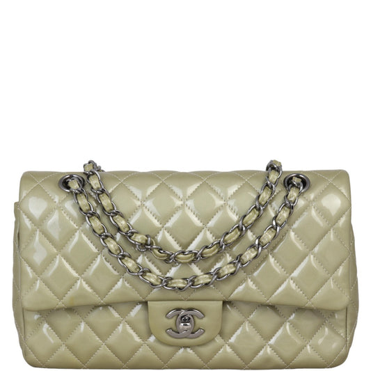 Chanel Classic Double Patent Metallic Champagne Handbag Medium Flap