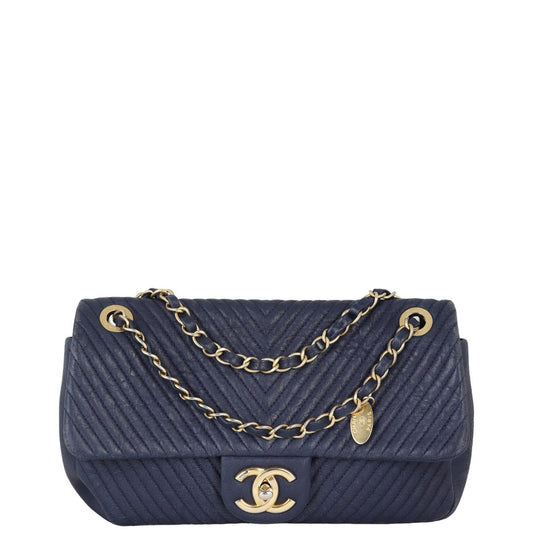 Chanel Surpique Chevron Single Bag Navy Blue Flap Handbag