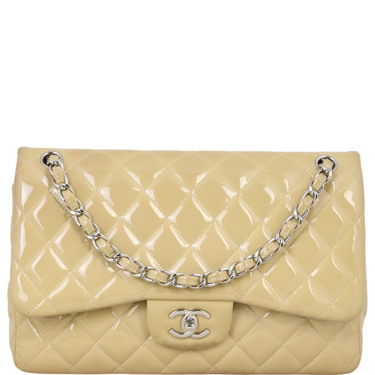 Chanel Classic Double Jumbo Patent Handbag Brown Beige