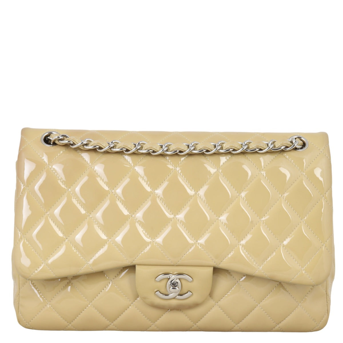 Chanel Classic Double Jumbo Patent Handbag Brown Beige