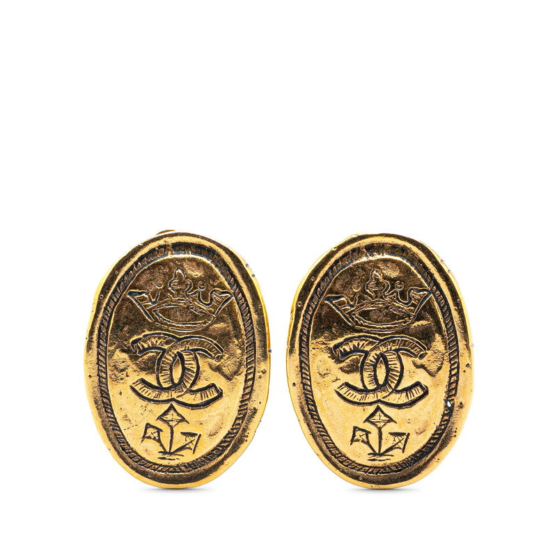 Chanel Gold Plated Coco Mark Oval Crown Earrings 26 Jewelry