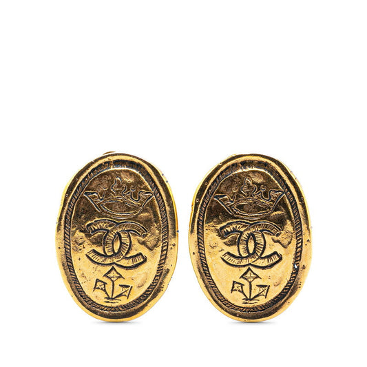 Chanel Gold Plated Coco Mark Oval Crown Earrings 26 Jewelry