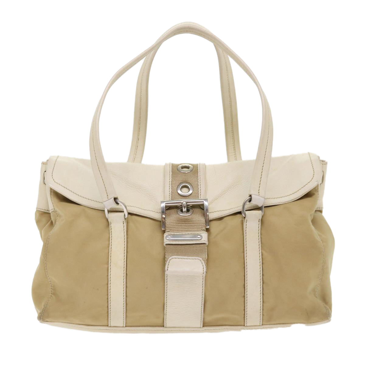 Prada Hand Bag Leather Nylon Beige Travel Bag Leather Beige Ki3154