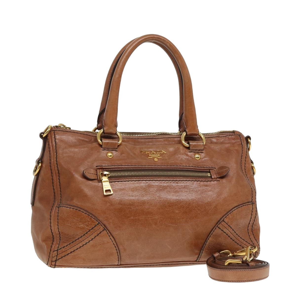 Prada Hand Bag 2Way Auth Leather Brown Travel Bag
