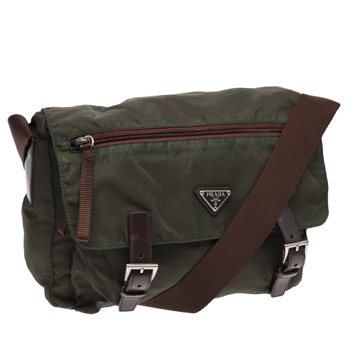Prada Shoulder Bag Khaki Auth Nylon Silver Silver Auth Ki4728