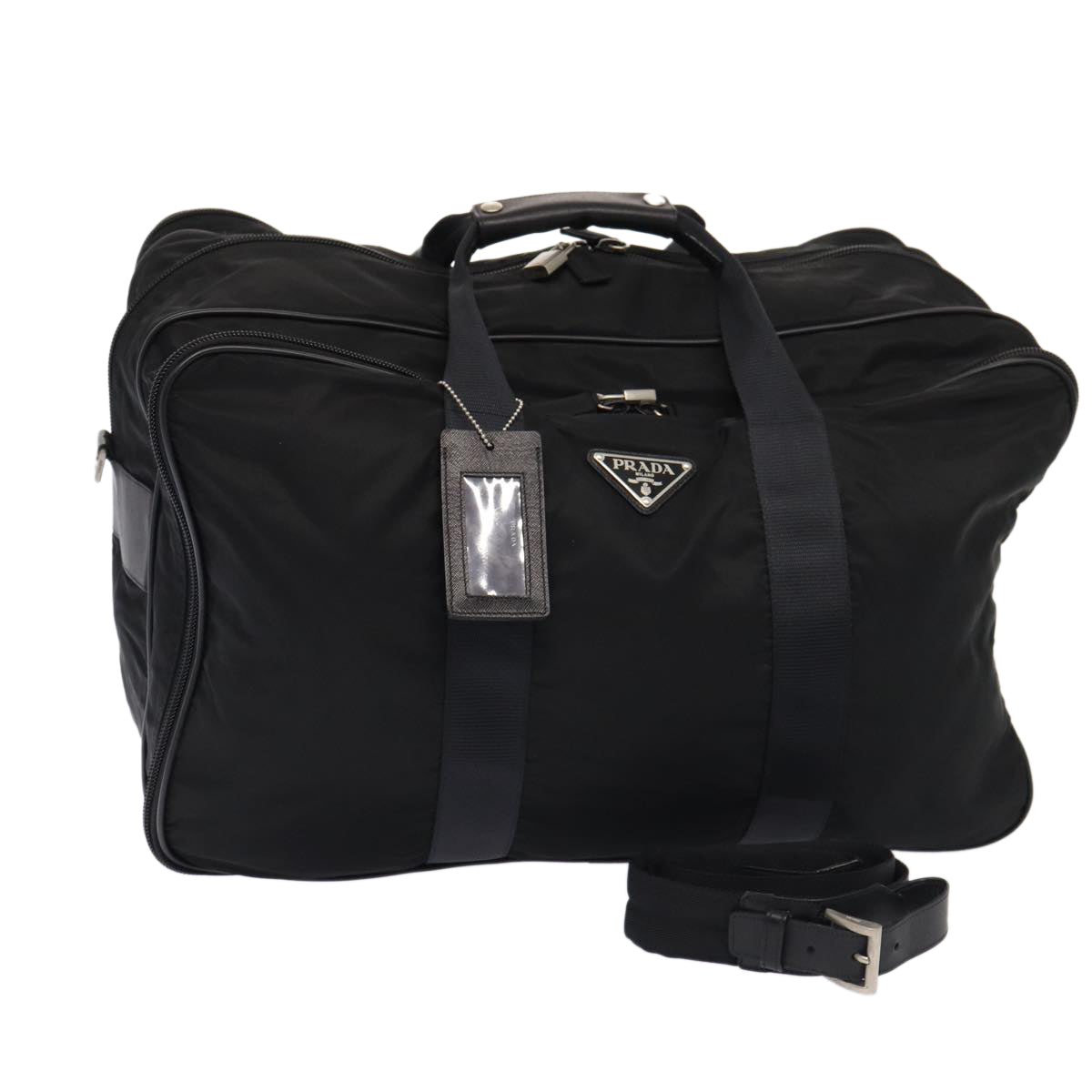 Prada Boston Bag 2Way Auth Nylon Black Silver Travel Bag