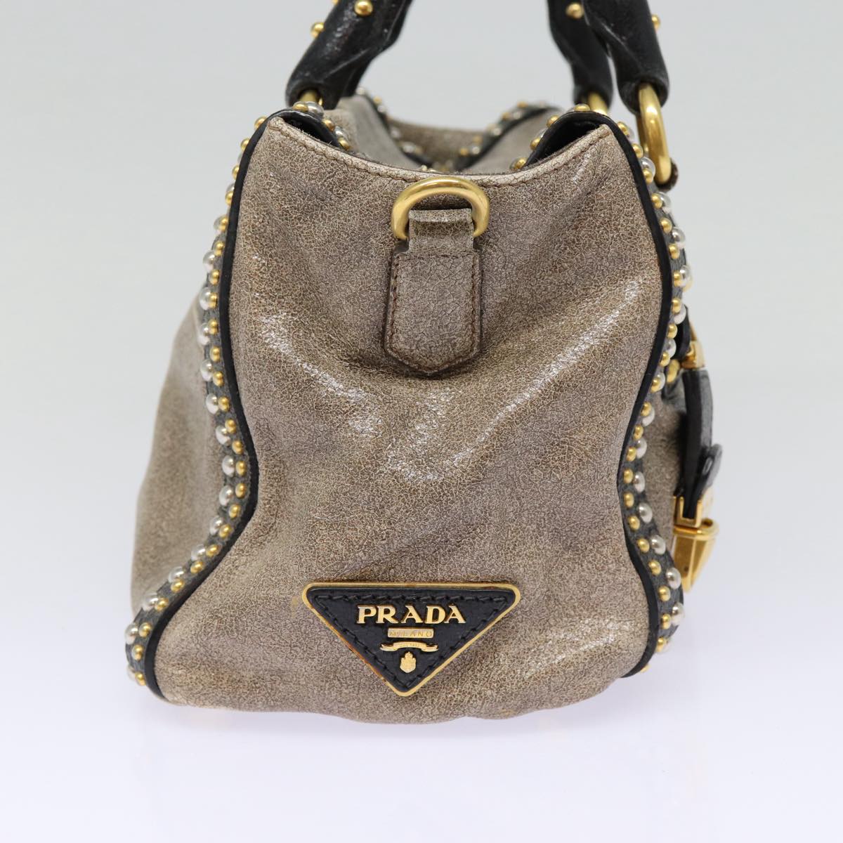 Prada Studs Hand Bag 2Way Auth Leather Gold Gray Travel Bag