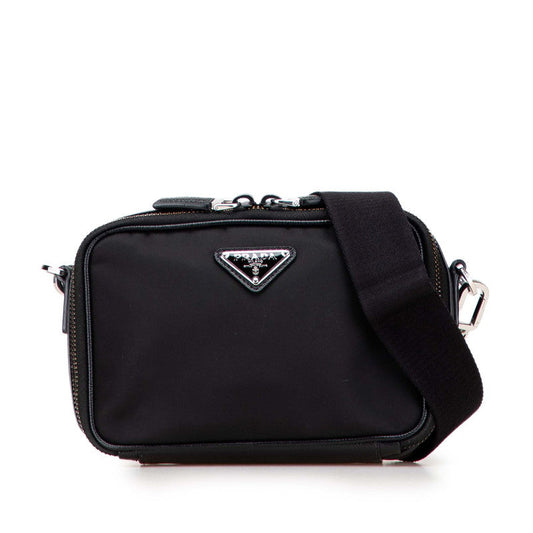 Prada Triangle Plate Shoulder Bag Leather Nylon Saffiano