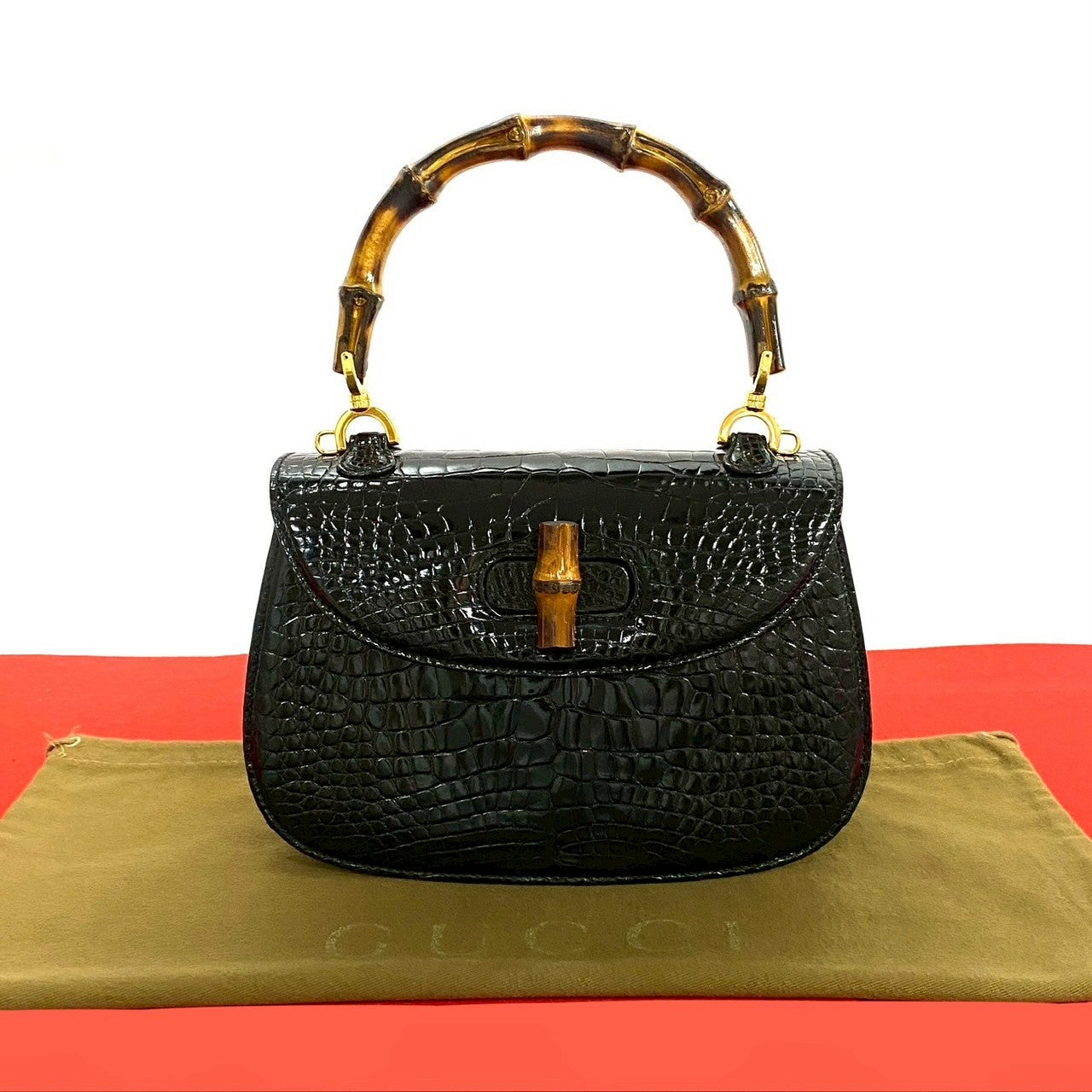 Gucci Old Bamboo Crocodile Handbag Mini Travel Bag