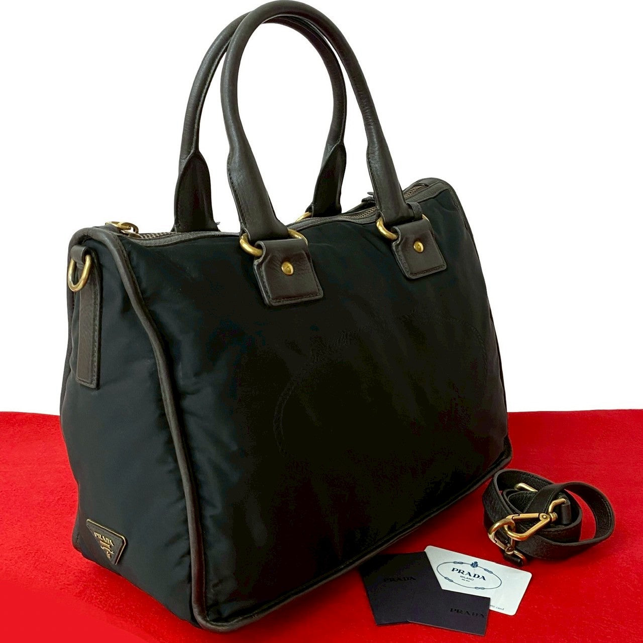 Prada 2Way Handbag Leather Nylon Travel Bag 2