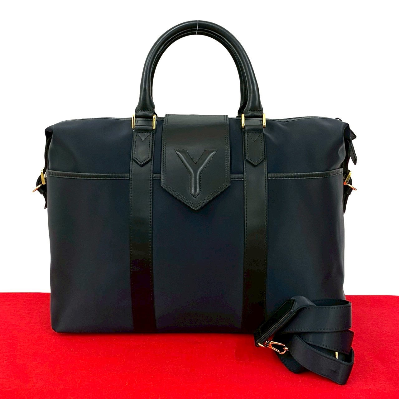 YSL Saint Laurent Yves 2Way Handbag Leather Nylon Travel Bag