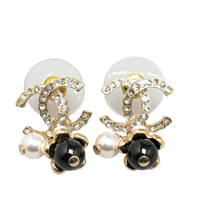 Chanel Gold Plated Coco Mark Rhinestone Flower Motif Earrings Jewelry