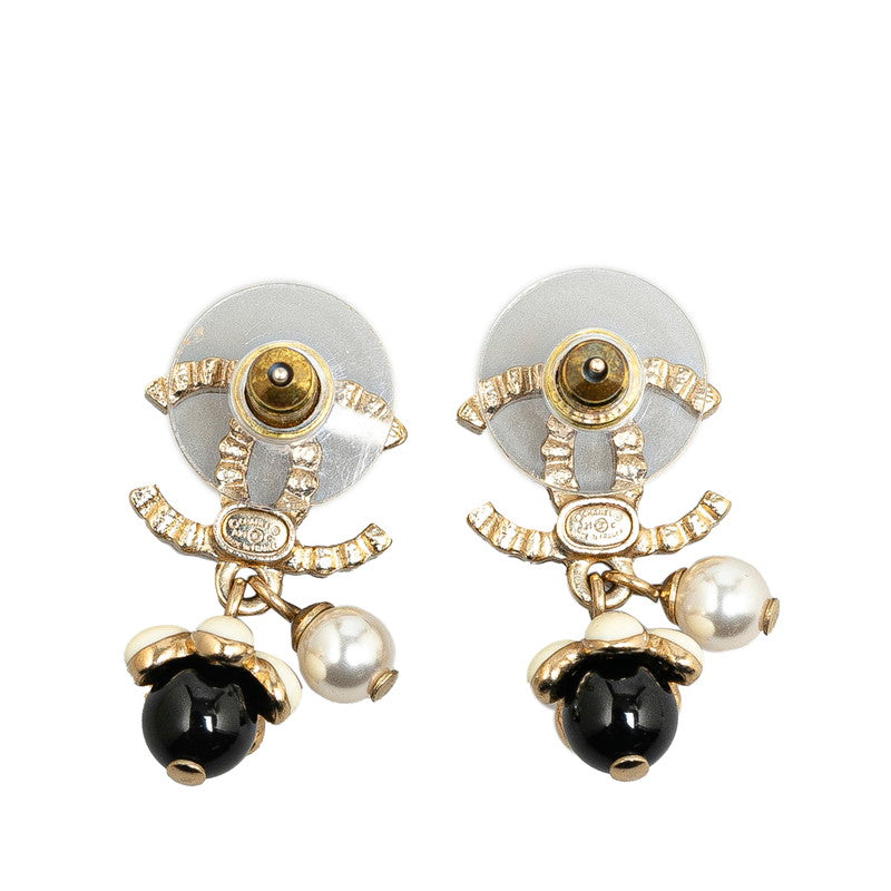 Chanel Gold Plated Coco Mark Rhinestone Flower Motif Earrings Jewelry