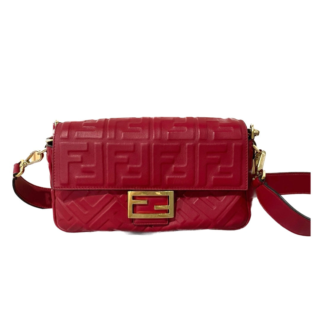Fendi Baguette Soft Nappa 3D Ff Motif Crossbody Leather Lambskin Red Shoulder Bag