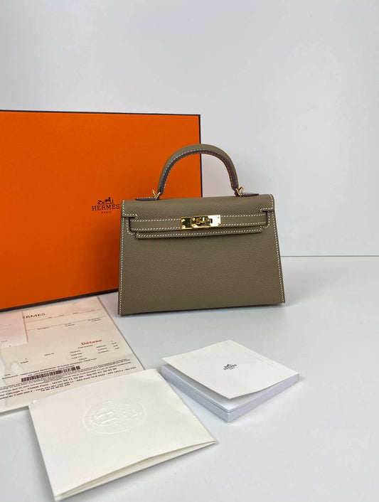Hermes Luxury Kelly Sellier Bag Gray Epsom Hardware Gold Mini Travel Bag