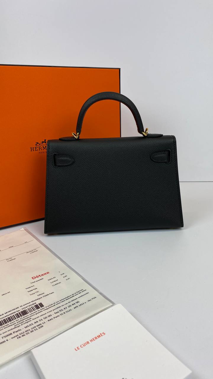 Hermes Luxury Kelly Sellier Bag Epsom Hardware Black Gold Travel Bag