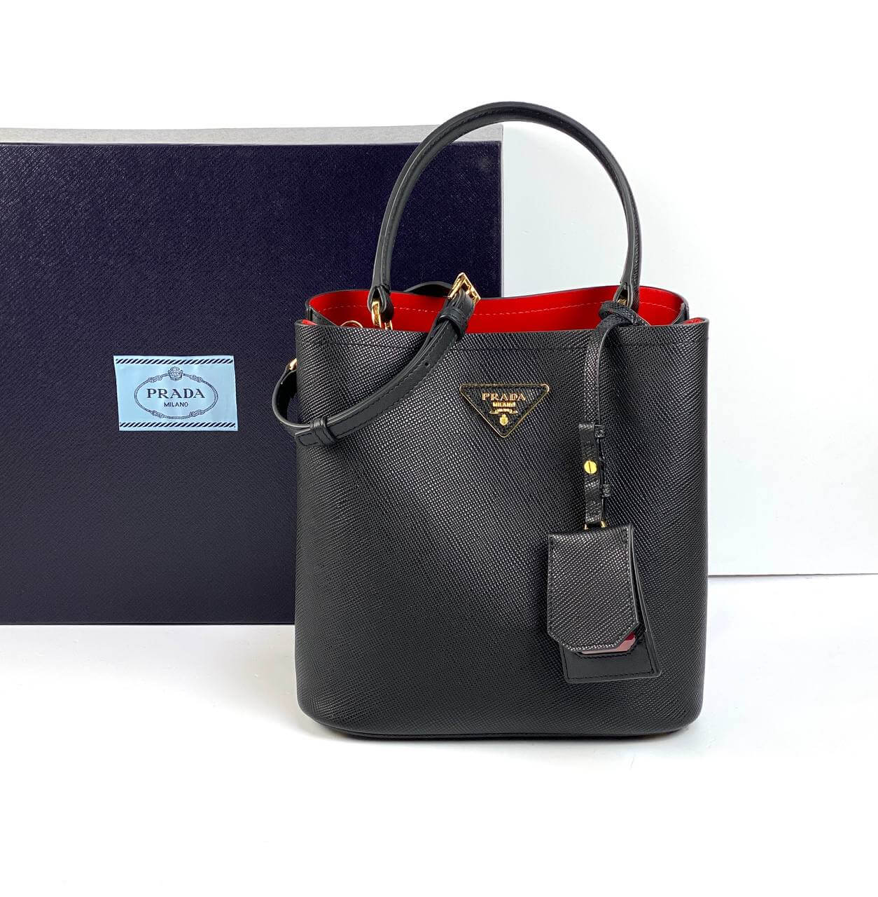 Prada Panier Bag In Leather Saffiano Black Travel Bag