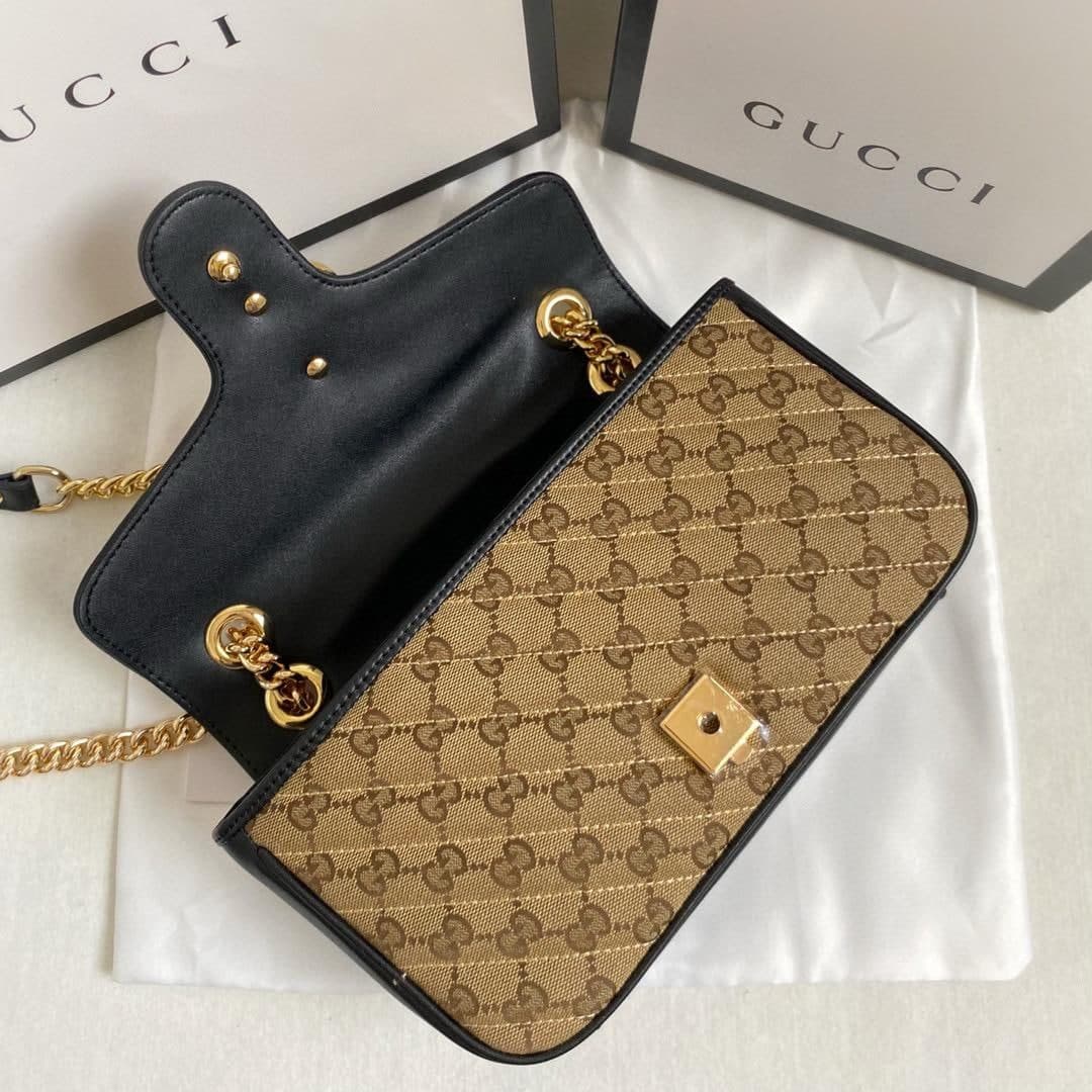 gg Marmont Ebony Diagonal MatelassÃ© Canvas Beige Small Shoulder Bag