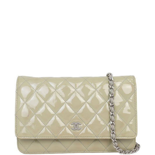 Chanel Classic Wallet on Patent Grey Handbag Green Chain