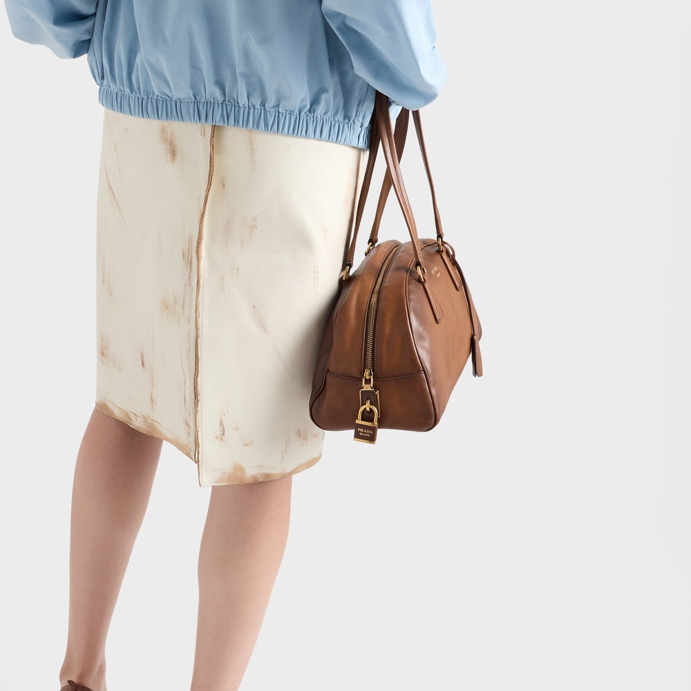 Prada Bowling Bag Leather Medium Top Handle Travel Bag