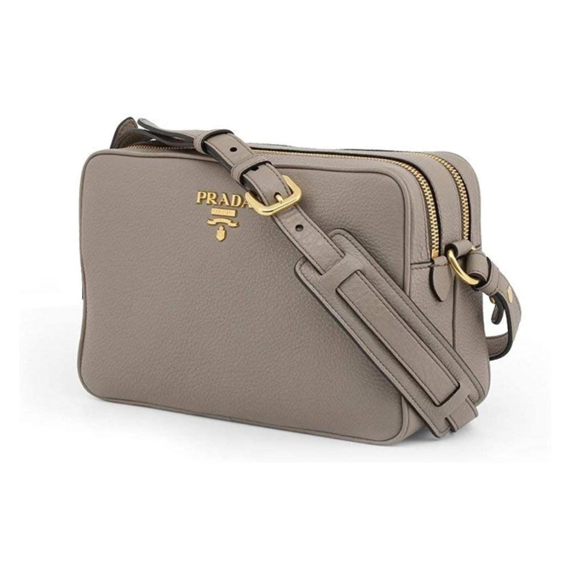 Prada Argilla Grey Phenix Double Cross Body Bag Leather Vitello Gray Crossbody Bag