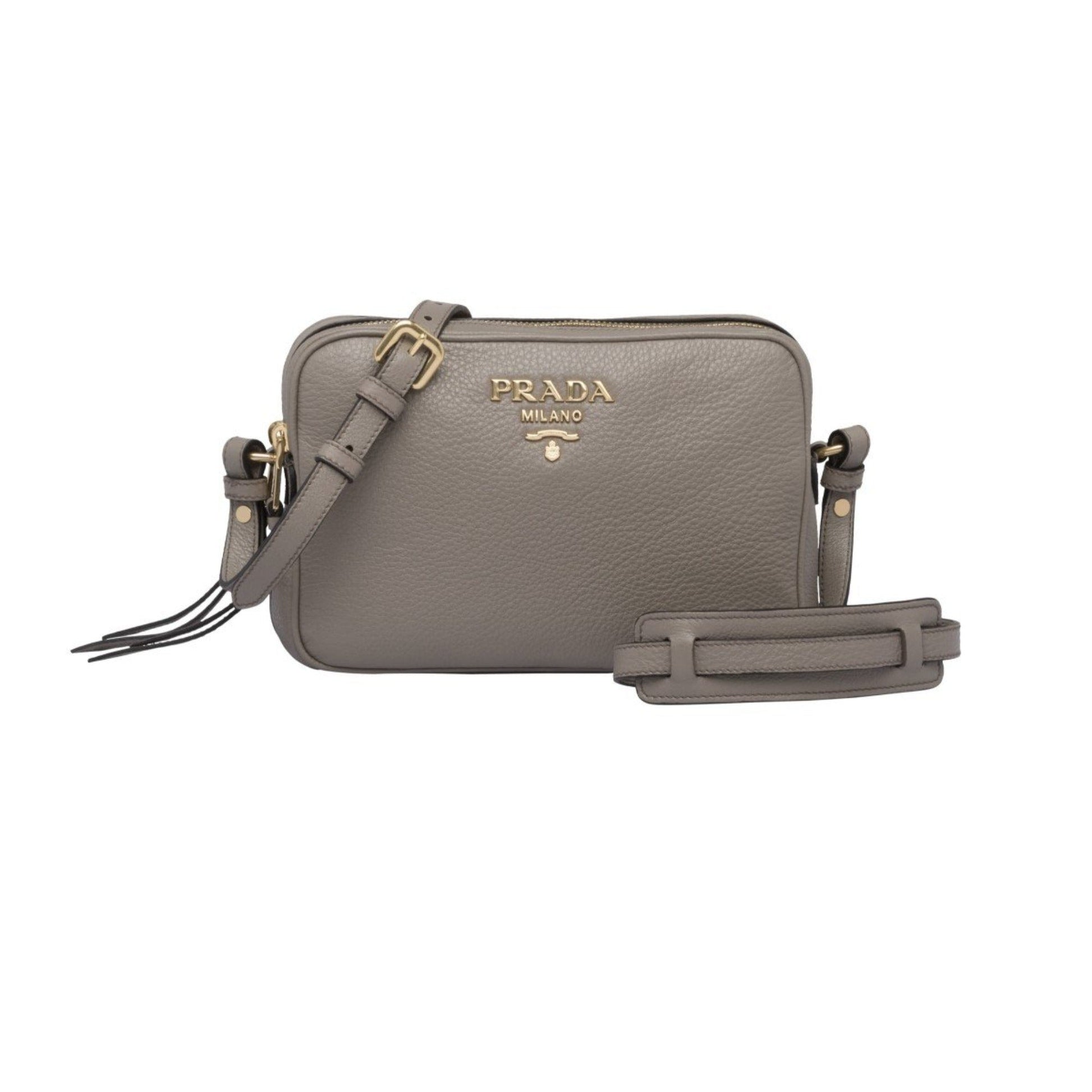 Prada Argilla Grey Phenix Double Cross Body Bag Leather Vitello Gray Crossbody Bag
