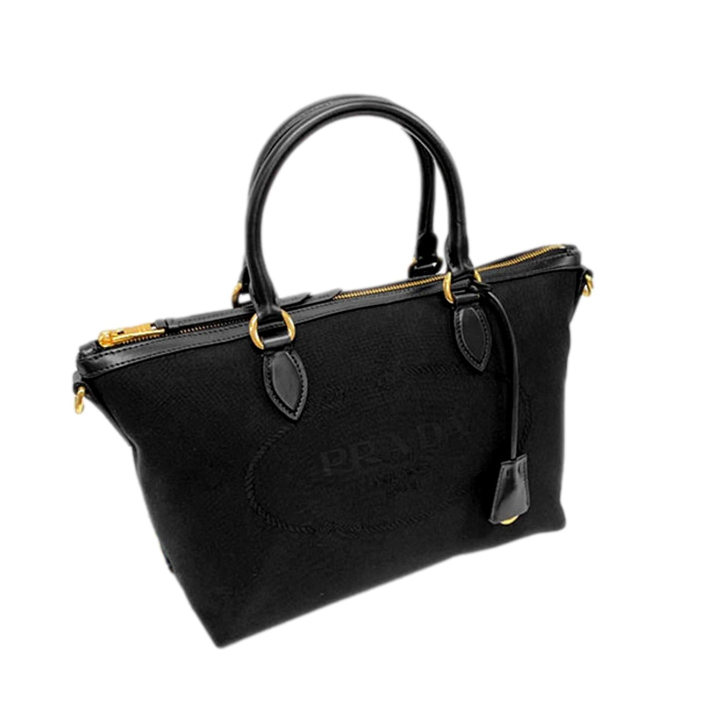 Prada Jacquard Trim Satchel Leather Canvas Black Satchel Bag