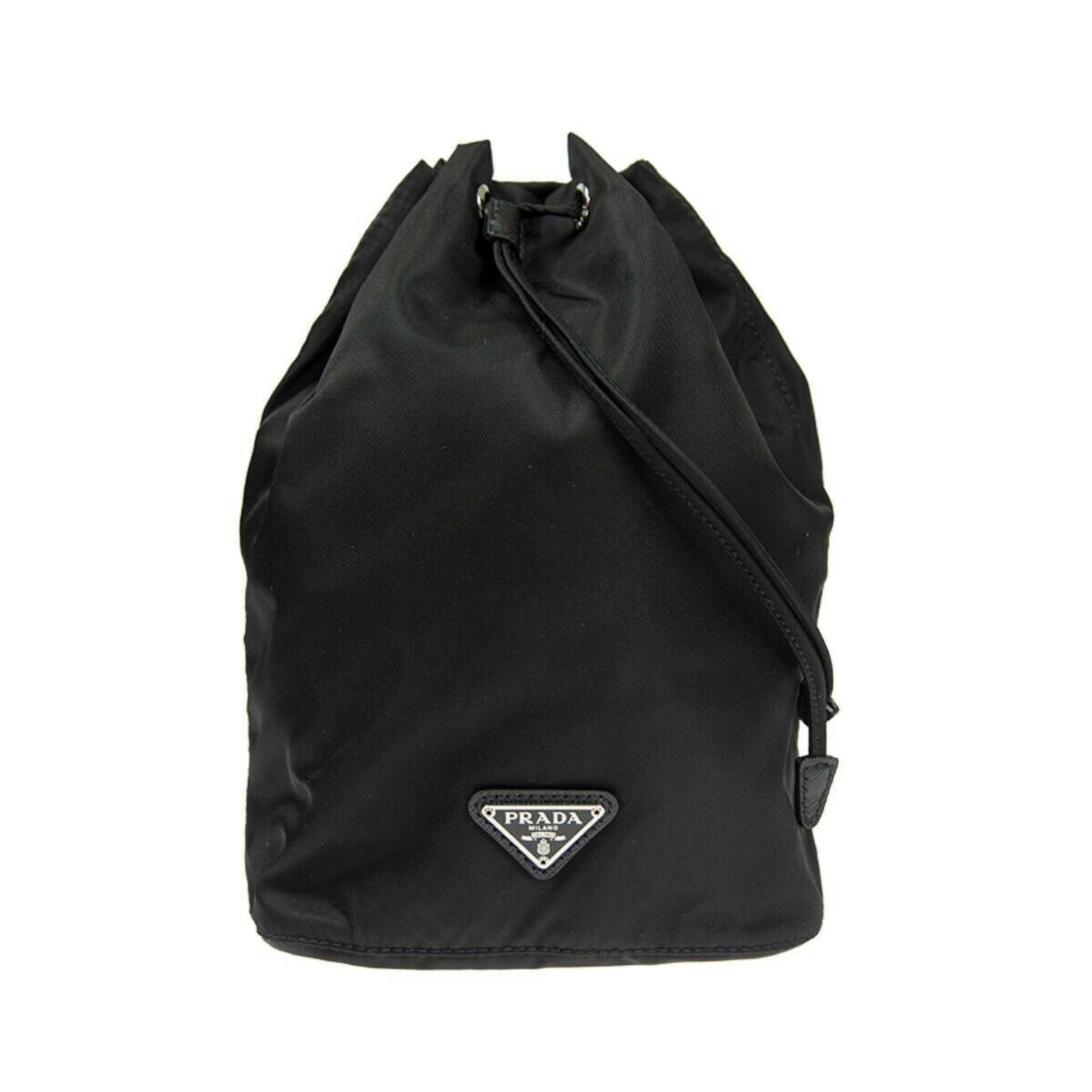 Prada Tessuto Triangle Drawstring Bag Nylon Black Logo Bucket Bag