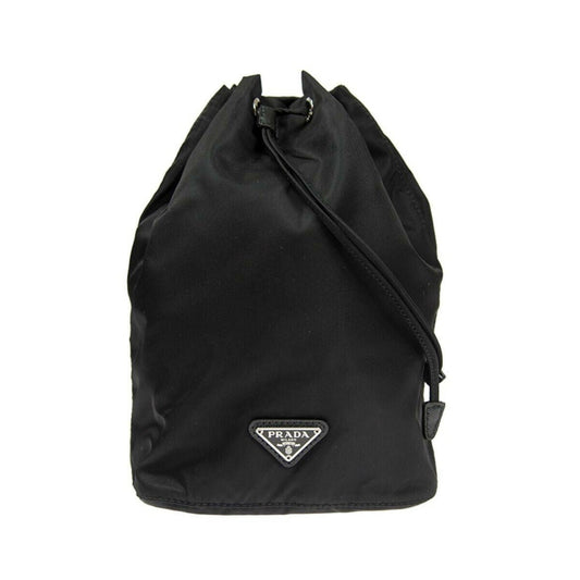 Prada Tessuto Triangle Drawstring Bag Nylon Black Logo Bucket Bag