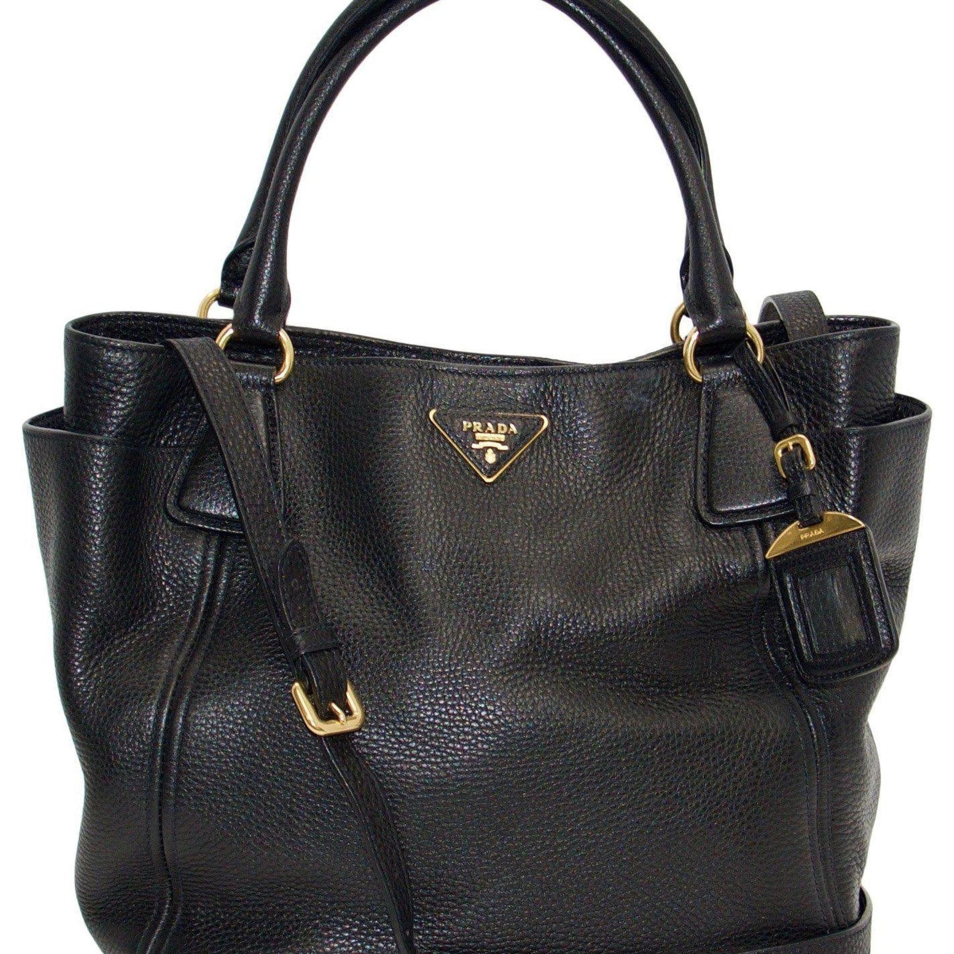 Prada Vitello Daino Side Pocket Hobo Handbag Black Travel Bag