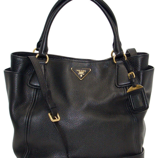 Prada Vitello Daino Side Pocket Hobo Handbag Black Travel Bag