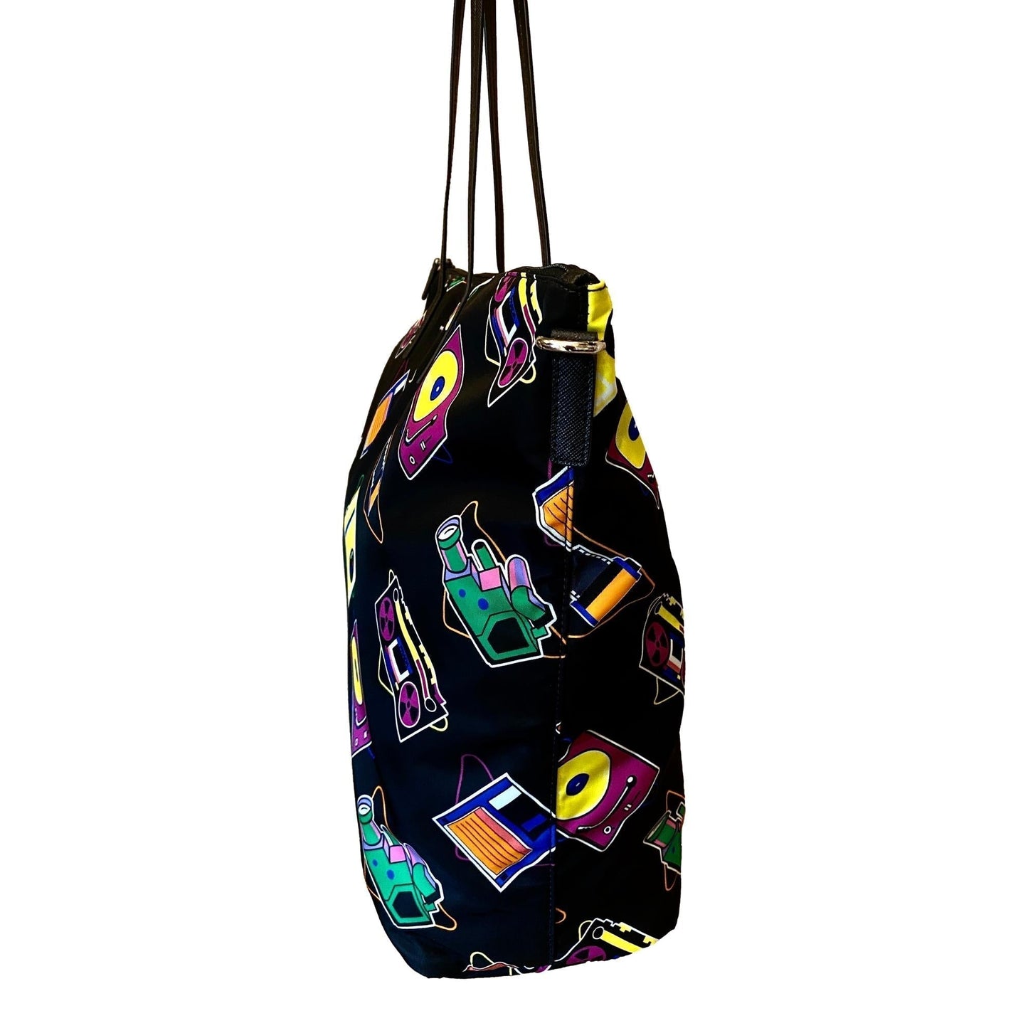 Prada Cassette Print Convertible Shopping Tote Handbag Nylon Black Tote Bag