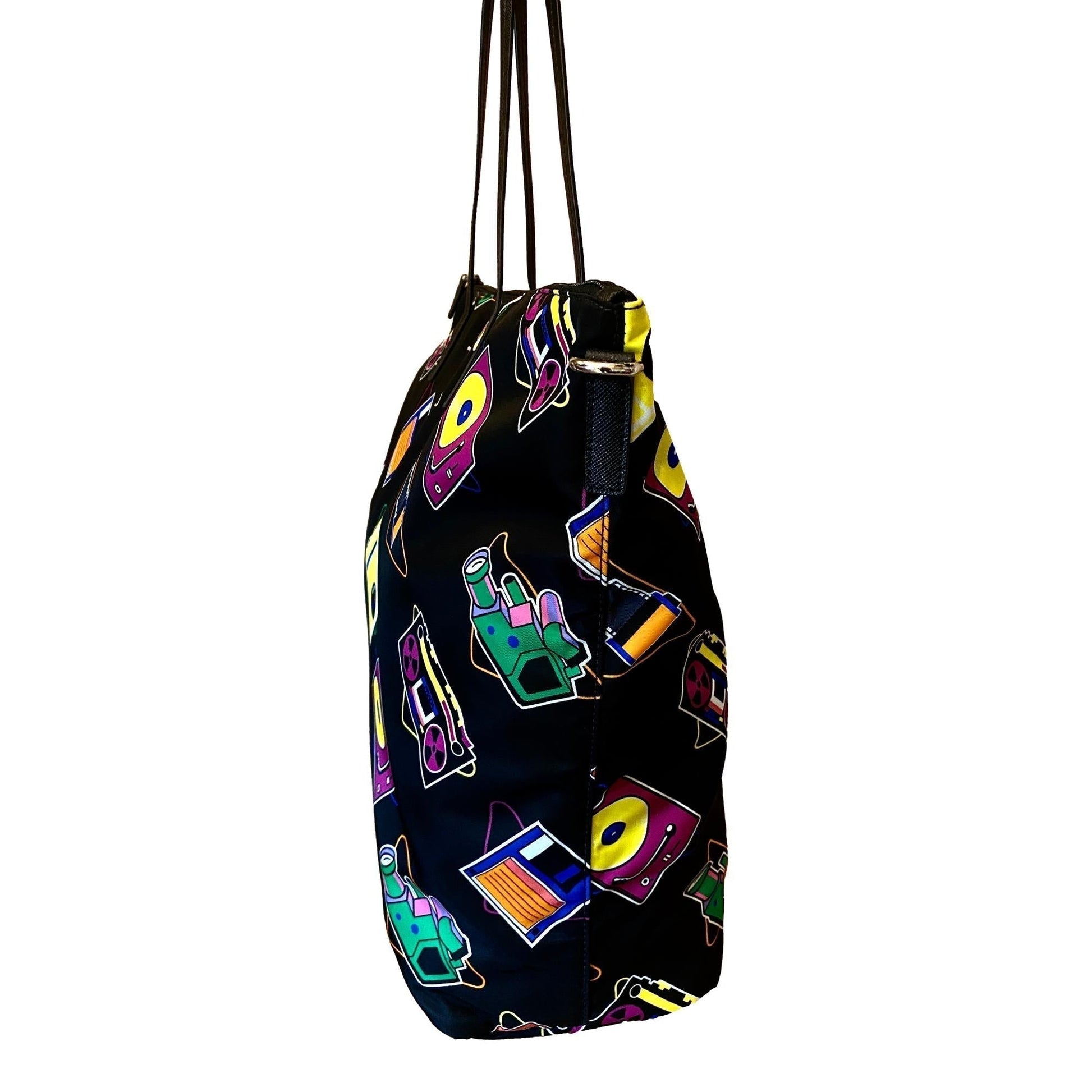 Prada Cassette Print Convertible Shopping Tote Handbag Nylon Black Tote Bag