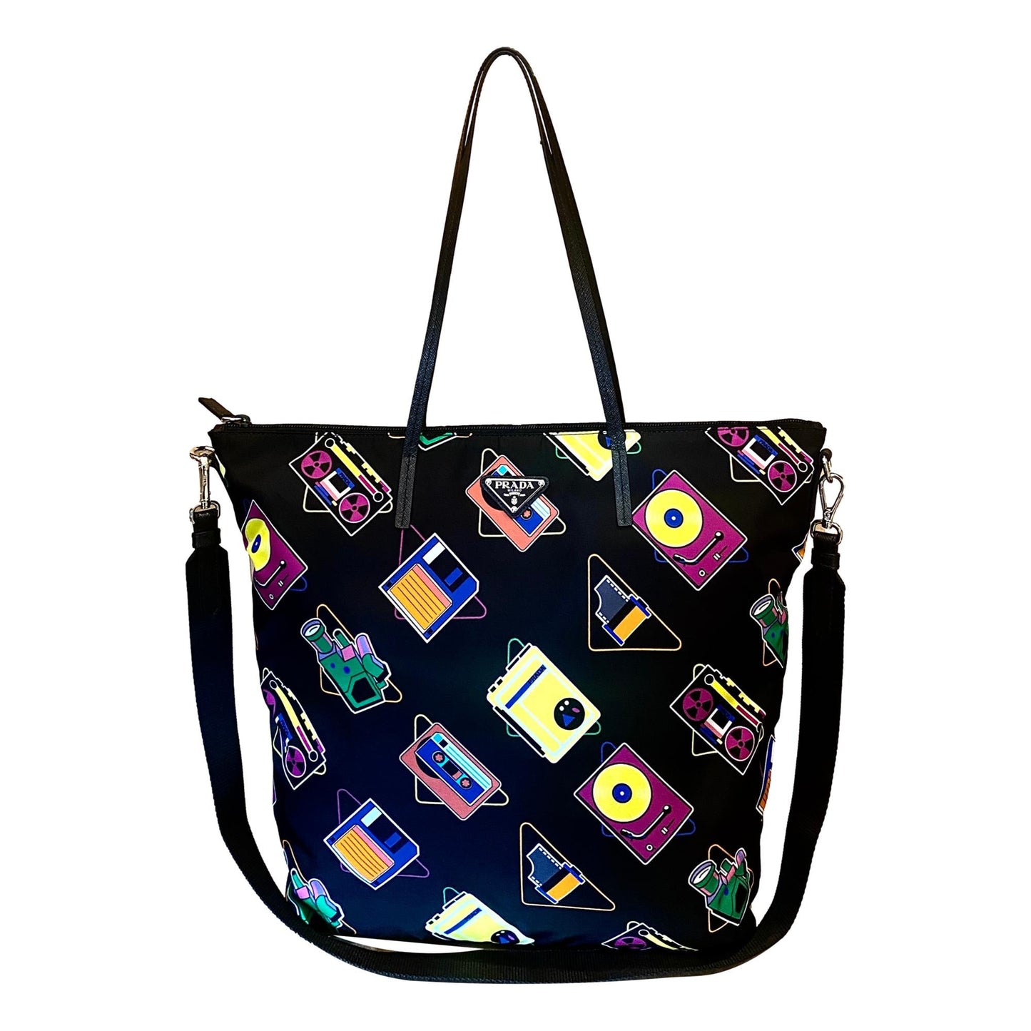 Prada Cassette Print Convertible Shopping Tote Handbag Nylon Black Tote Bag