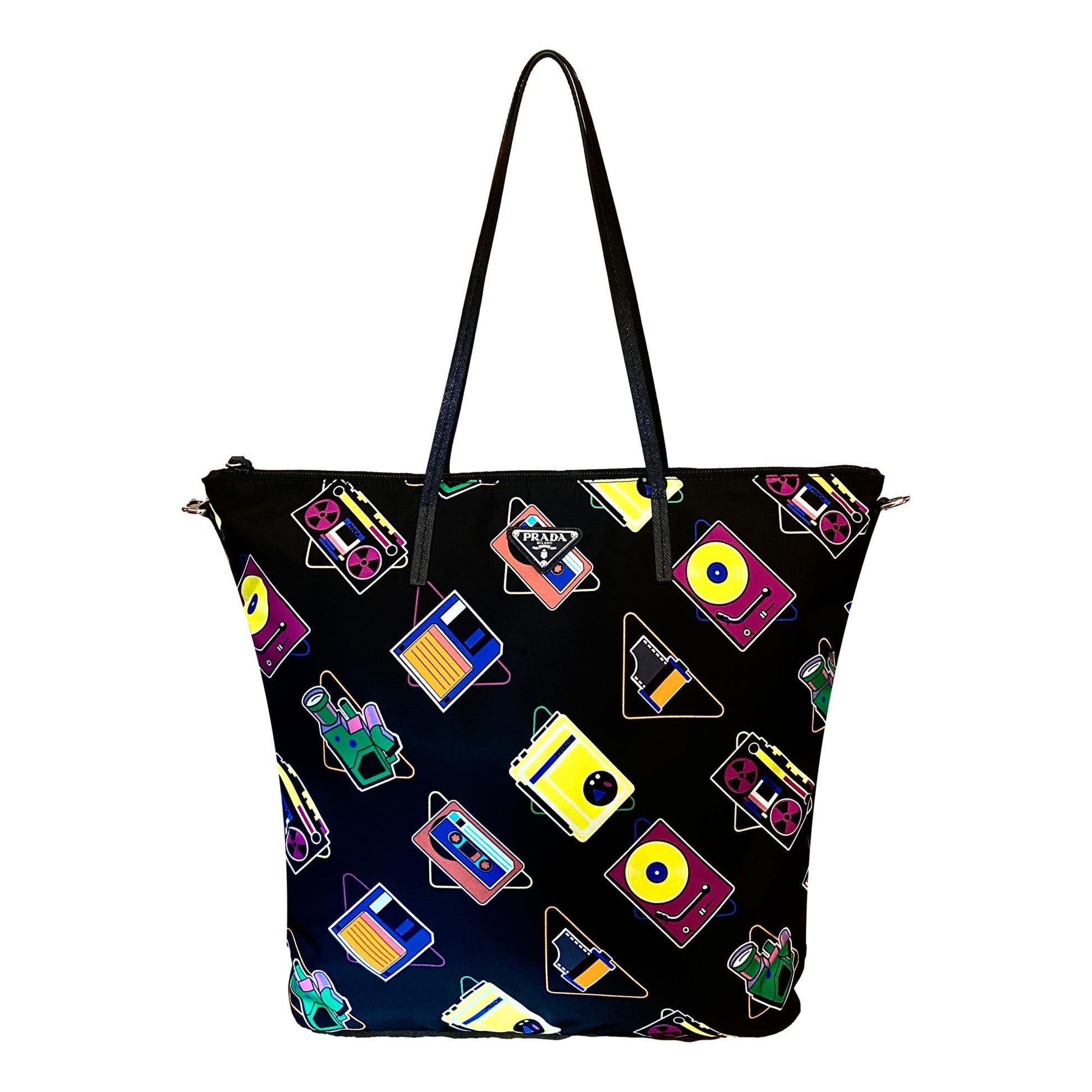 Prada Cassette Print Convertible Shopping Tote Handbag Nylon Black Tote Bag