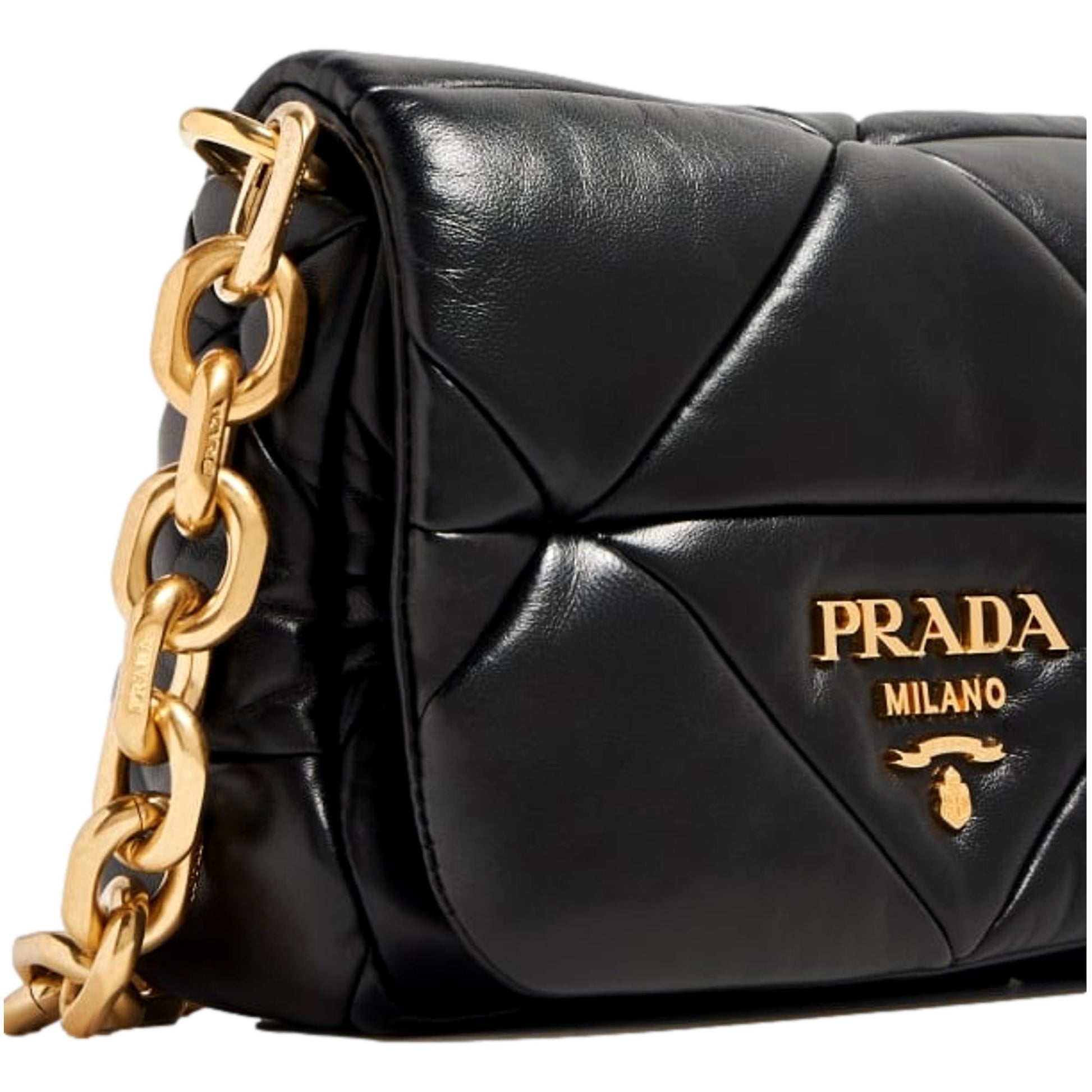 Prada Logo Nappa Patch Shoulder Bag Leather Quilted Black