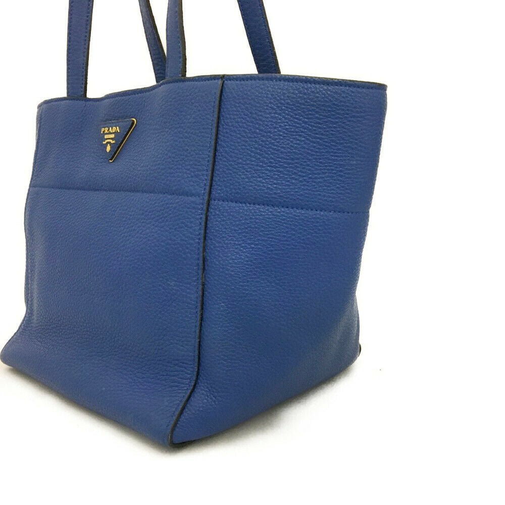 Prada Plate Tote Bag Leather Blue Logo