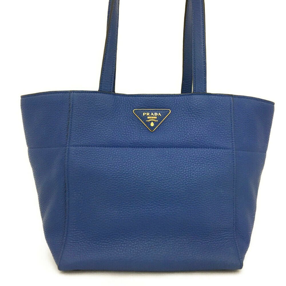 Prada Plate Tote Bag Leather Blue Logo