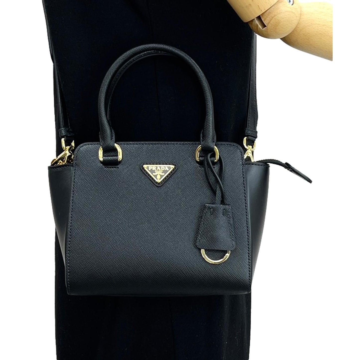Prada Triangle Lux Crossbody Tote Bag Leather Saffiano Black Crossbody Bag
