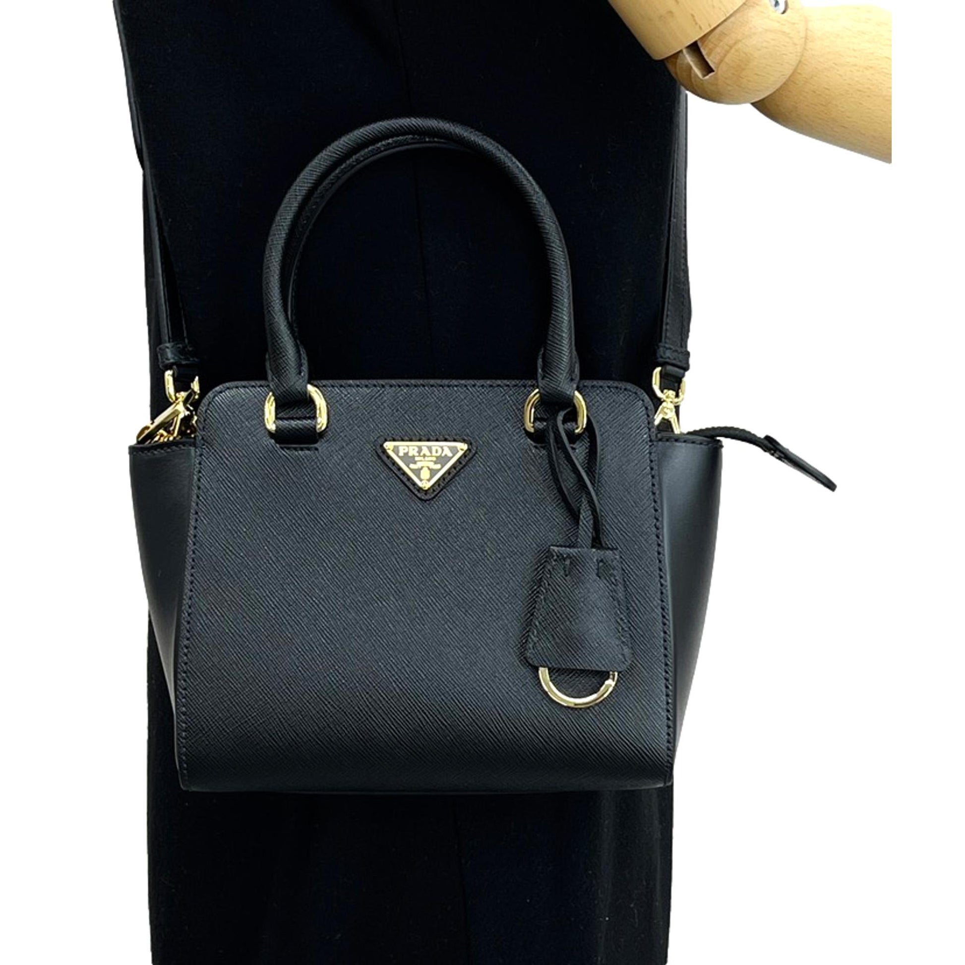 Prada Triangle Lux Crossbody Tote Bag Leather Saffiano Black Crossbody Bag