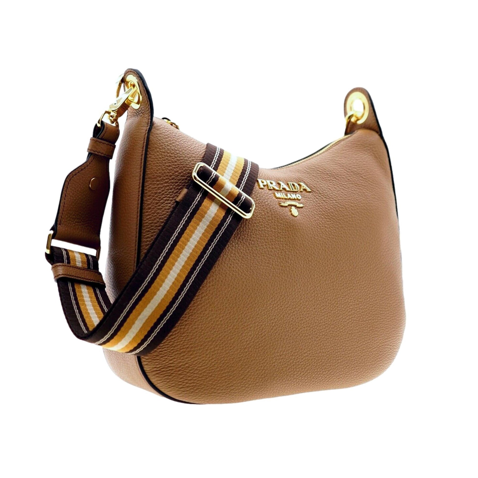 Prada Phenix Caramel Web Stripe Crossbody Bag Leather Vitello Brown