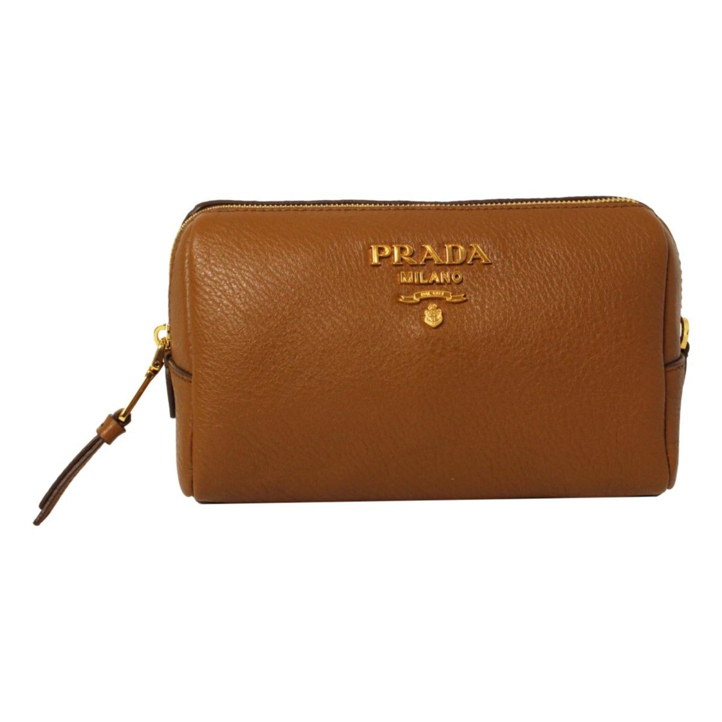 Prada Daino Cannella Cosmetic Pouch Clutch Bag Leather Vitello Brown