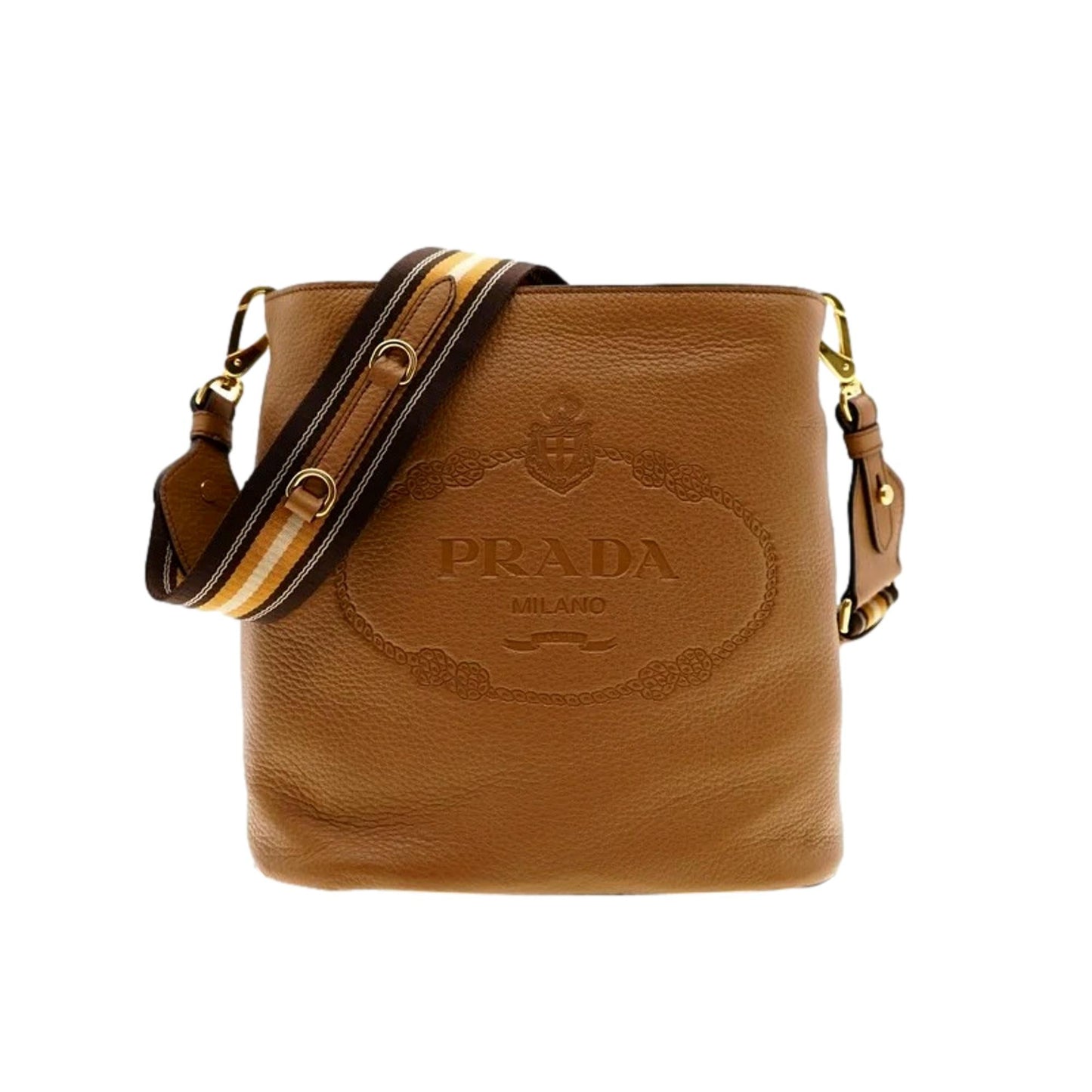 Prada Phenix Crossbody Bag Caramel Web Strap Vitello Brown Bucket