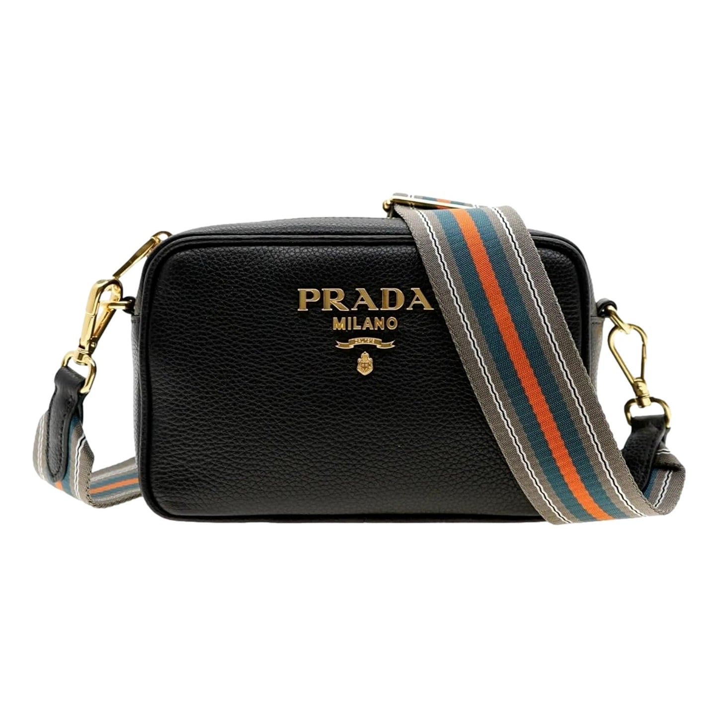 Prada Milano Crossbody Bag Web Stripe Strap Leather Black