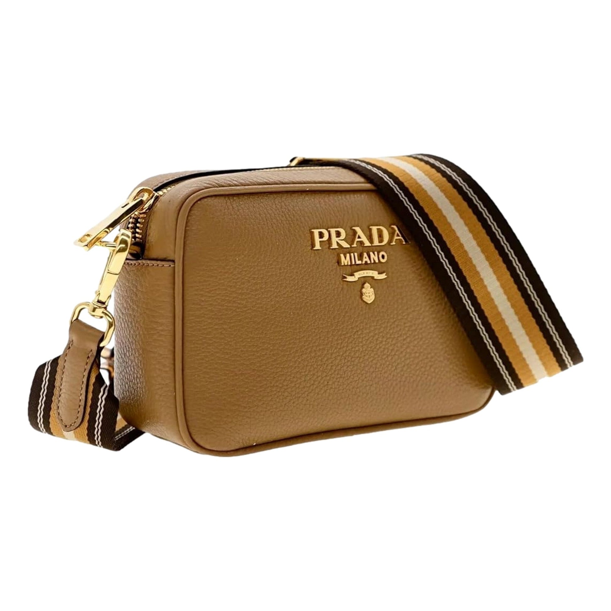 Prada Caramel Crossbody Bag Web Stripe Strap Leather Tan