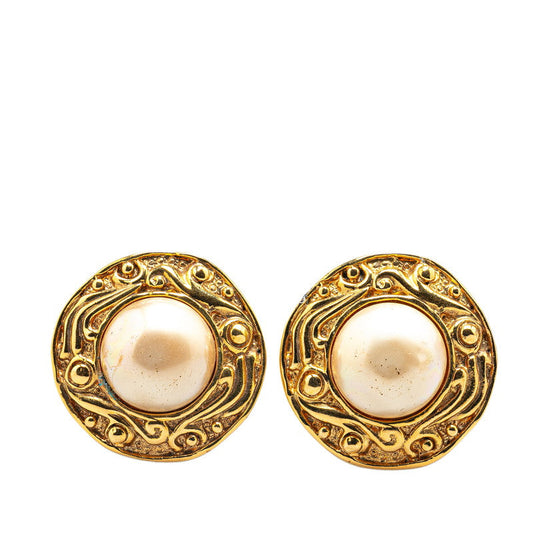 Chanel Gold Plated Round Fake Pearl Earrings Jewelry